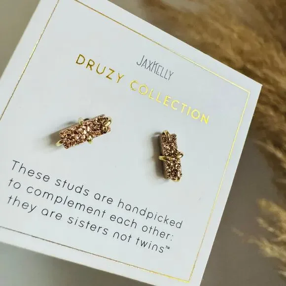 NEW ANTHROPOLOGIE Champagne Rose Gold 14kt Druzy Stone Gemstone Bar Earring - Picture 3 of 7